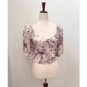 Open Edit Tie Front Puff Sleeve Top Women XS Purple Ivory Marble Coquette Preppy